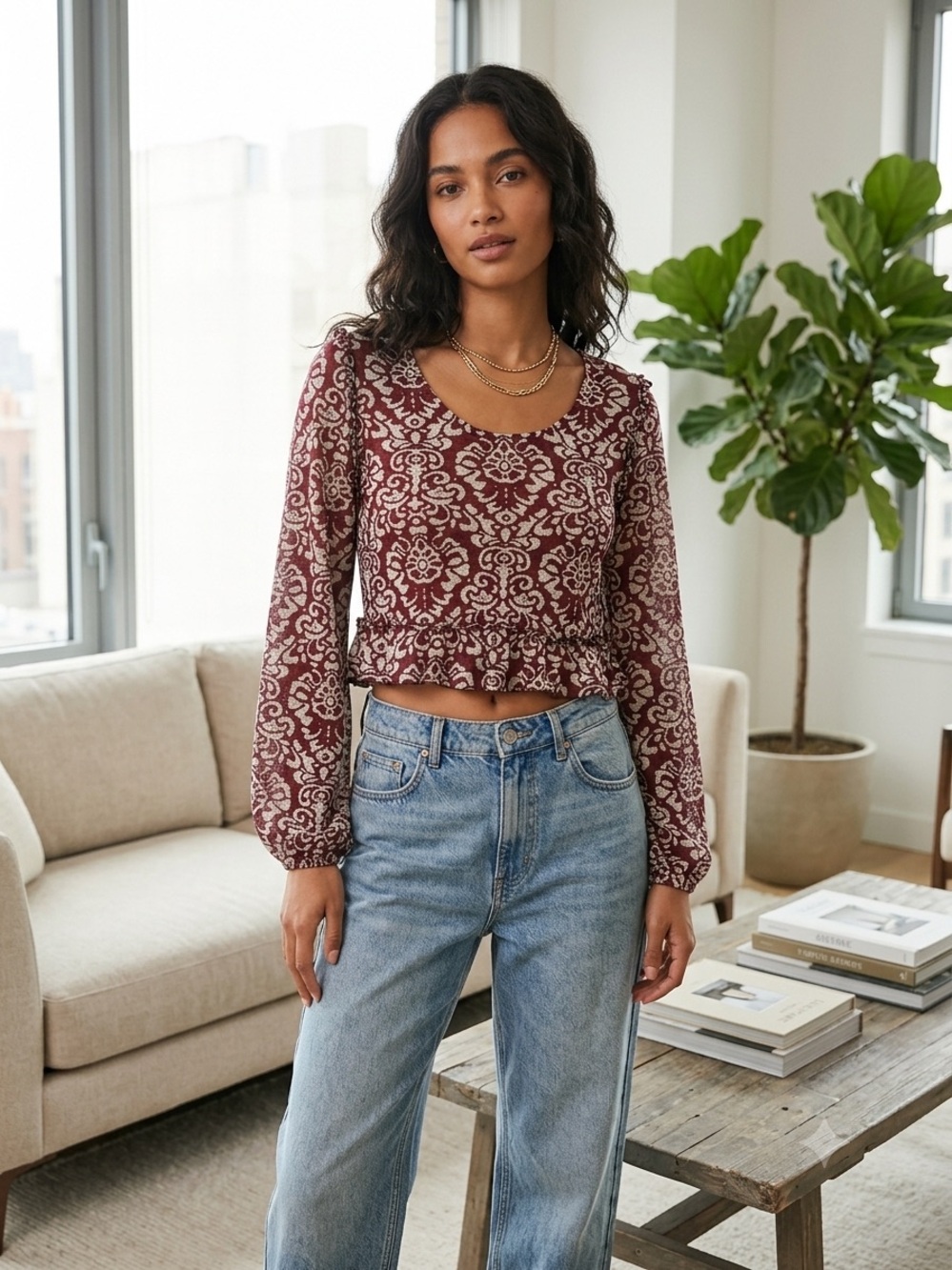 Anthropologie Burgundy Damask‎ Ruffle Crop Top Blouse Medium Balloon Sleeve